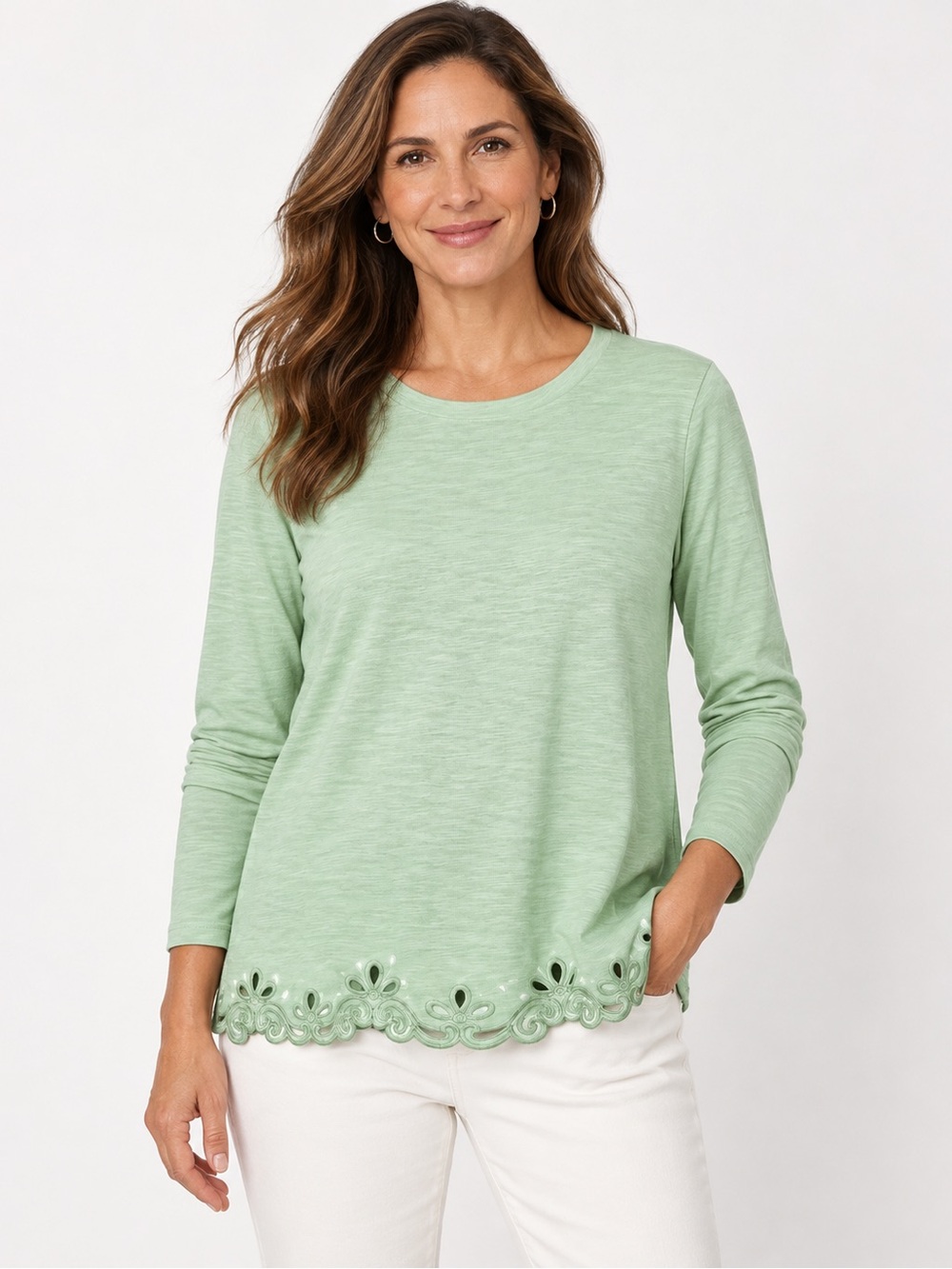 J. Jill Soft Sage Long-Sleeve Top with Scalloped Eyelet Hem
